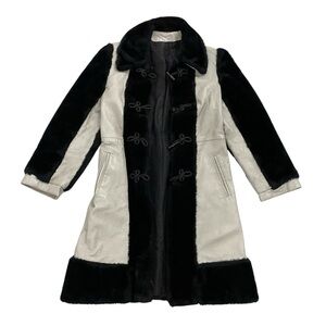 Vintage Midi Length Leather Coat Faux Fur Trim Fisherman Toggle Buttons